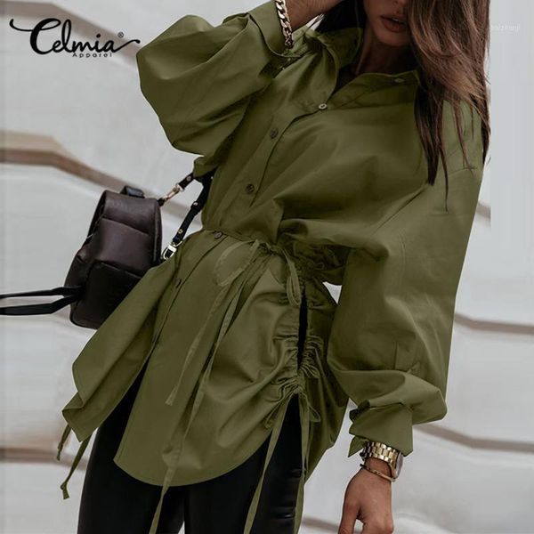 

celmia 2021 fashion lace-up long shirt women's hollow out hem blouses casual loose puff sleeve button streetwear blusa1, White