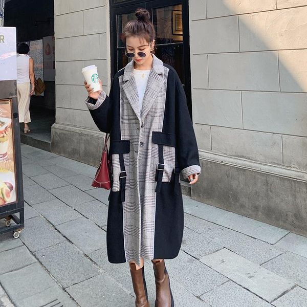 

new 2020 female jacket autumn winter black suit stitching oversized woolen coat loose casual thickened warm women jacket a931