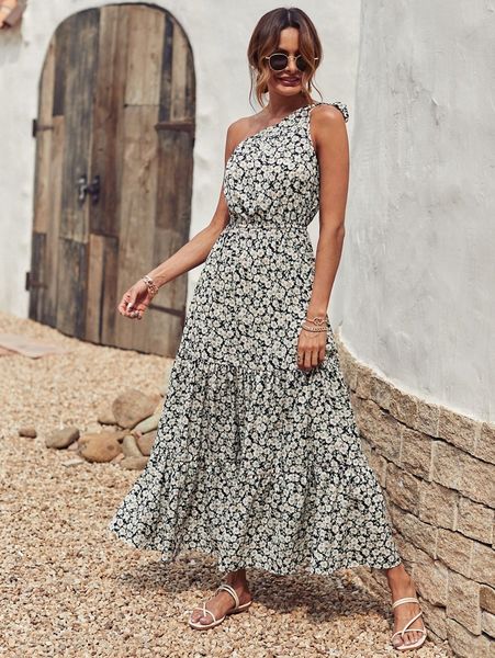 

allover floral one shoulder a-line dress t4fg#, Black;gray