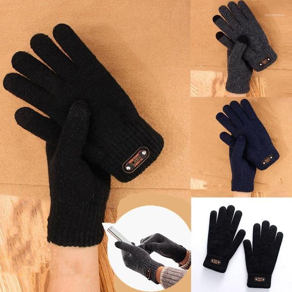 

men solid knit keep plush thickened double warm winter touchscreen soft gloves1, Blue;gray