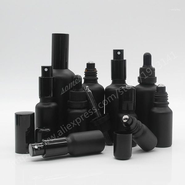 

packing bottles 5ml,10ml,15ml,20ml,30ml,50ml,100ml frosted black glass dropper bottle ,glass with roll on,mablack sprayer11
