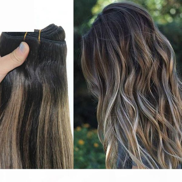 

human hair weave ombre dye color brazilian virgin hair weft bundle extensions balayage two tone 2#brown to #27 blonde 2020 new, Black