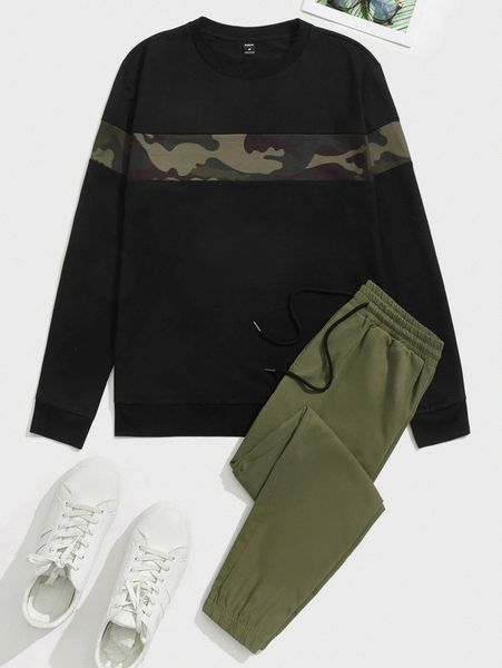 

men contrast camo pullover & sweatpants set l2wd#, Gray
