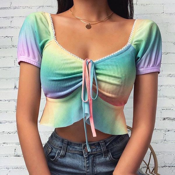 

mesh rainbow print bandage drawstring slim crop 2020 summer women lace up ruffles short sleeve t shirt female outfits1, White