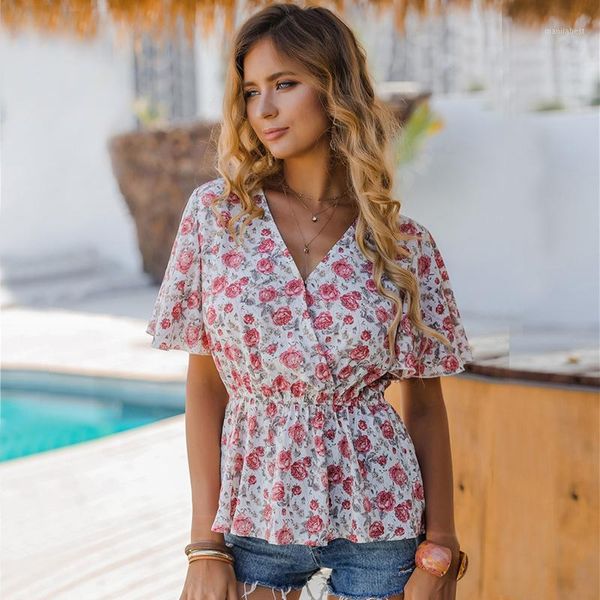 

v-neck boho women blouse flower print shirt short sleeve casual streetwear female shirt fashion holiday 1, White