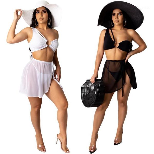 

2020 summer women beach style sets sleeveless one shoulder short short pants skirt pure color 3 piece sets1, White