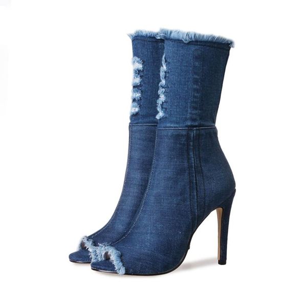 

agodor blue jeans boots new summer shoes ankle boots for women blue denim high heels peep-toe woman stiletto, Black