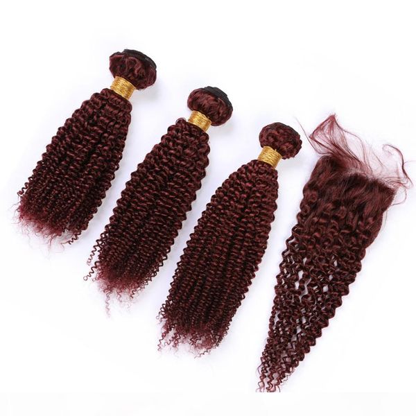

kinky curly malaysian burgundy human hair weaves with closure 3 bundles #99j wine red curly virgin hair wefts with lace closure 4x4, Black