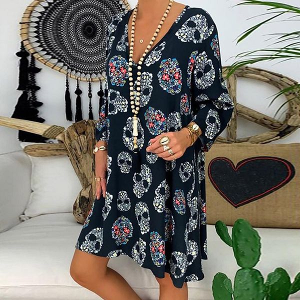 

skull dress plue size women ladies vintage shantou printed long sleeve mini dress woman oversized loose dress vestido mujer, Black;gray