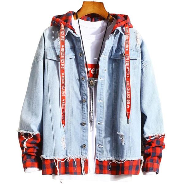 

missky 2021 new lovers men coat spring autumn fake two pieces denim jacket plaid short hoodies coat female male clothes, Black;brown