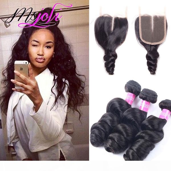 

virgin human hair 100percent unprocessed indian weave unprocessed loose wave natural color 4x4 lace closure with three bundles from ms joli, Black;brown