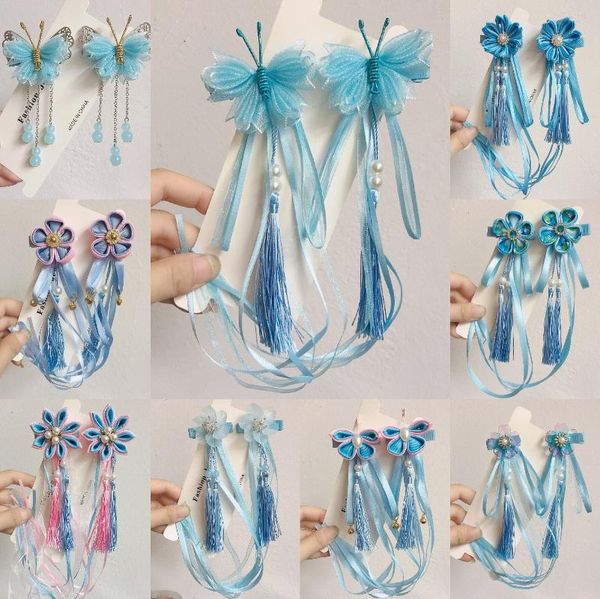 

a pair of blue series chinese style fringed ribbons, children's hairpin, flower headdress, tang suit, hanfu accessories, head fl, Slivery;white