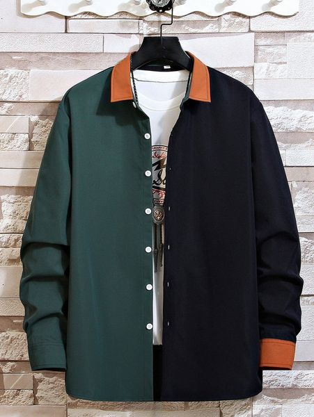 

romwe guys colorblock button front shirt g8lx#, White;black
