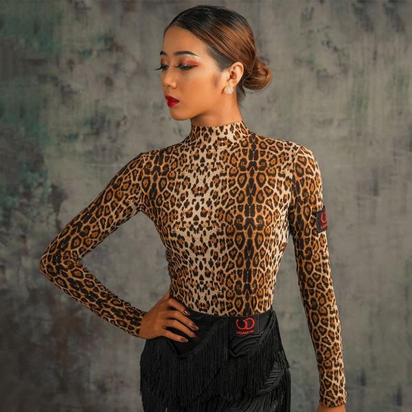 

latin dance women rumba cha cha samba salsa dancing shirts practice clothing high collar long sleeve leopard print ua219, Black;red