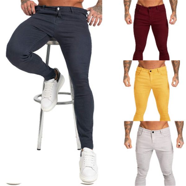 

mens solid color skinny jeans fashion trend zipper button high street denim pencil pants spring male washed skateboard casual slim trousers, Blue
