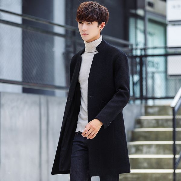 

windbreaker korean version mid long 2020 autumn winter new trend handsome slim stand collar woolen men's coat, Tan;black