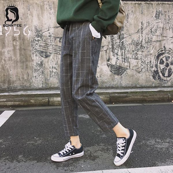 

women harajuku plaid harem pants summer casual elastic waist slim nine-point plaid harem pants fashion korean women, Black;white