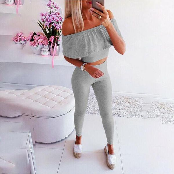 

women 2pcs off shoulder long pants ladies tracksuit 2020 summer outfits set gym tracksuit jogger1, White