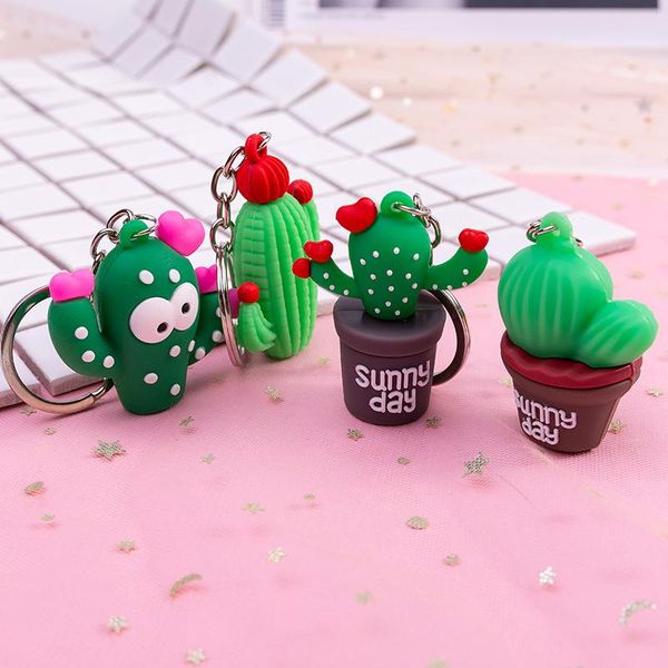 

new 3d cute simulation green plant cactus potted keychain women girls key ring gift bags decoration pendant couple key chain, Silver