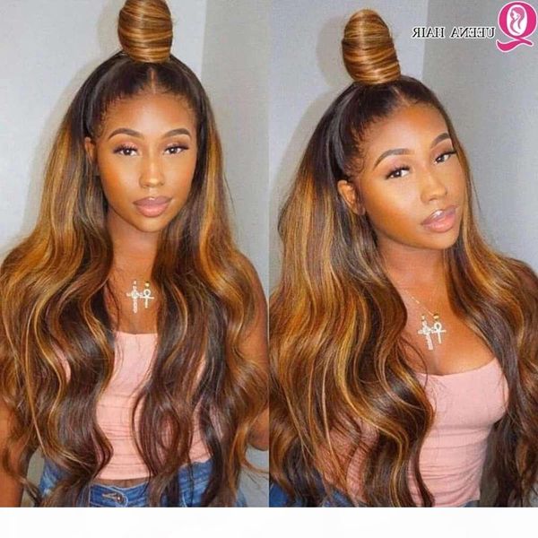 

blonde highlight body wave frontal wig ombre highlighted peruvian pre plucked 13x4 colored lace front human hair wigs, Black;brown