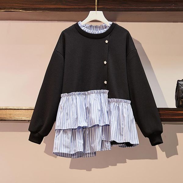 

fashion new autumn 4xl fake two-piece splicing long-sleeved thin pullover sweatshirts, Black