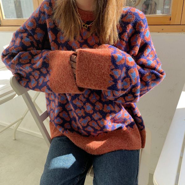 

2021 new spring o-neck leopard print loose style knitted fashion sweater casual women pullovers pull femme geed, White