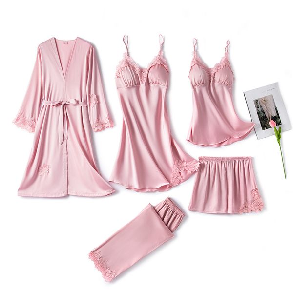 

Kimono Bathrobe Gown Satin Sleepwear Women Pajamas Sets 5PCS Robe Suit Silky Pyjamas Sexy Lace Nightwear Intimate Lingerie, 5pcs navy blue 1