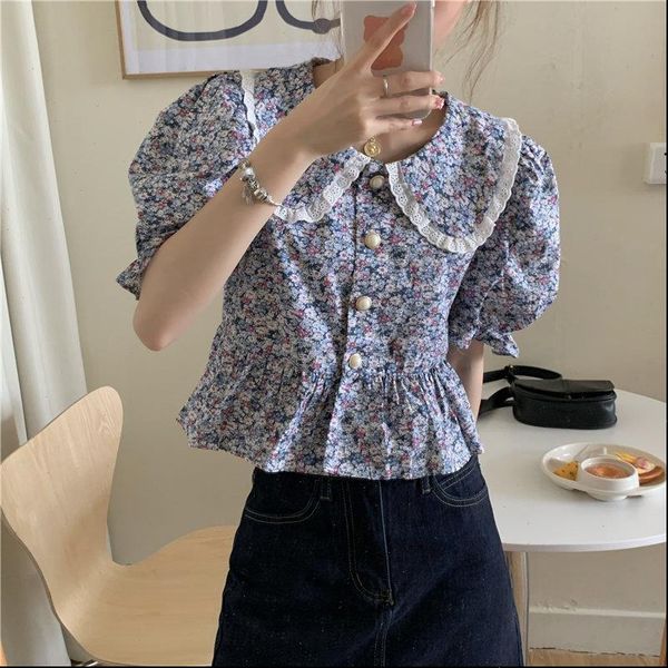 

floral retro shirt womens short sleeve 2021 chic girls high waist chic gentle all match stylish new loose blouses, White