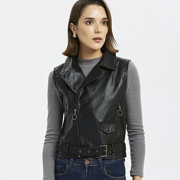 

women's vests black leather waistcoat women slim motorcycle vest autumn winter pocket pu belt jacket sleeveless female gilet femme1, Black;white