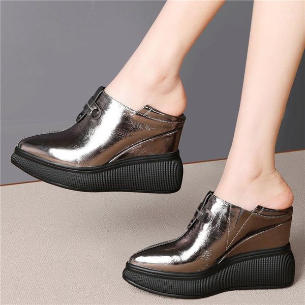 

punk goth trainers women genuine leather pointed toe high heel evening party platform pumps shoes female wedges fashion sneakers1, Black