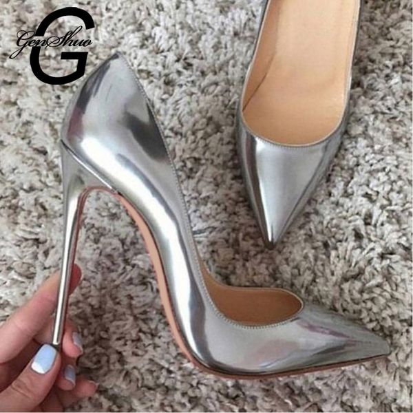 

genshuo women pumps high heels silver high heels shoes for women stilettos fashion luxury wedding party shoes big size c1011, Black;white