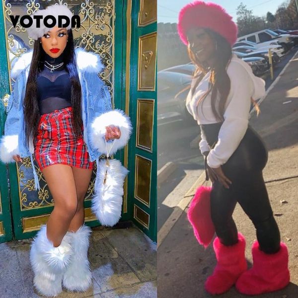 

winter women fur snow boots bag headband set fluffy faux fur botas mujer luxury furry plush boots ladies warm shoes, Black