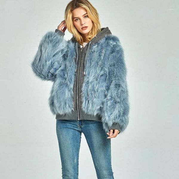 

2020 winter real fur jacket women reversible hoody parkas natural fur coat thick warm streetwear casual loose hairy overcoat1, Black