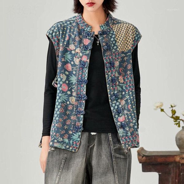 

national style cowboy vest women's spring autumn new loose stand up collar wear sleeveless buckle shirt wild vest waistcoat k4831, Black;white