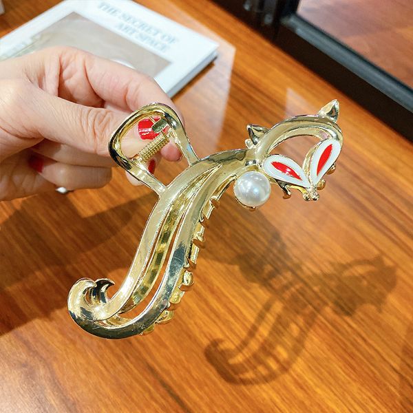 

length 11.2 cm hollow out pearl fox model hair clamps women gold alloy large animal scrunchies hairpins european female headdress ponytail b, Slivery;golden