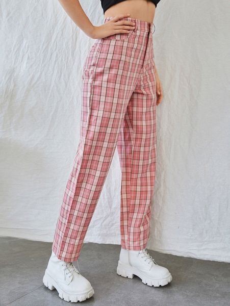 

plaid print straight leg pants n70u#, Black;white