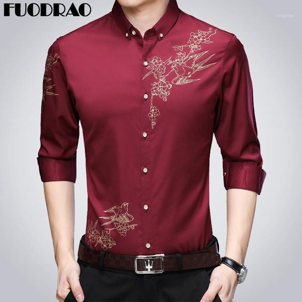 

2020 new spring long sleeve casual men shirt button lapel dress shirts slim fit flower print camisa masculina streetwear e0381, White;black