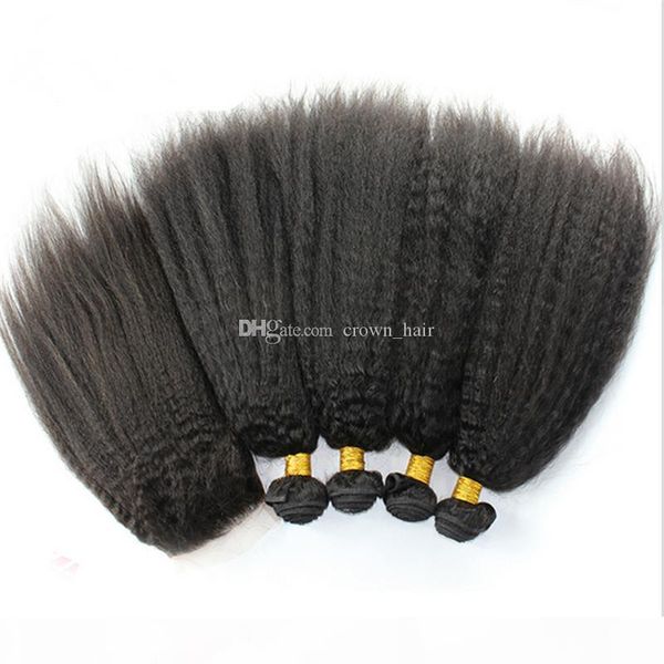 

9a brazilian kinky straight hair bundles with lace closure parting italia coarse yaki lac closure with human hair lace frontal 4*4, Black