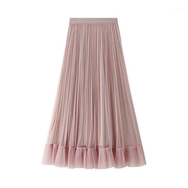 

pretty women ladies long skirt pleated midi black pink grey jupe femme spring summer pleated tulle skirt womens clothes1