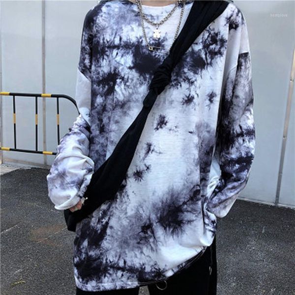 

block tie dye print long sleeve pullover korean streetwear harajuku punk hip hop spring t shirt tee t-shirt loose, White