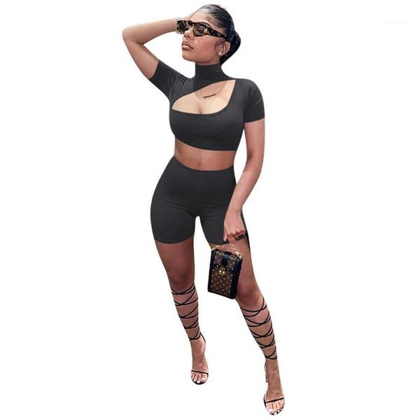 

zoctuo women solid short sleeve two piece sets hollow out crop and shorts biker sweatpants suit two piece set1, White