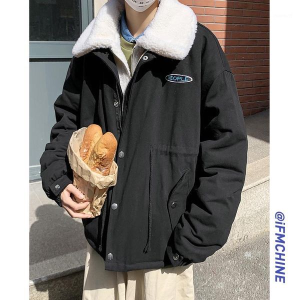 

2019 autumn and winter new letters embroidery trend lamb wool stitching jacket fashion casual fake two-piece cotton coat m-xl1, Black