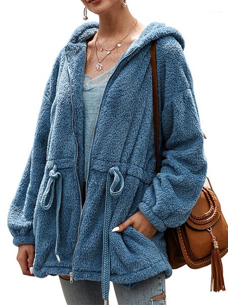 

new design loose faux fur wool hooded winter women fashion zipper coats1, Black