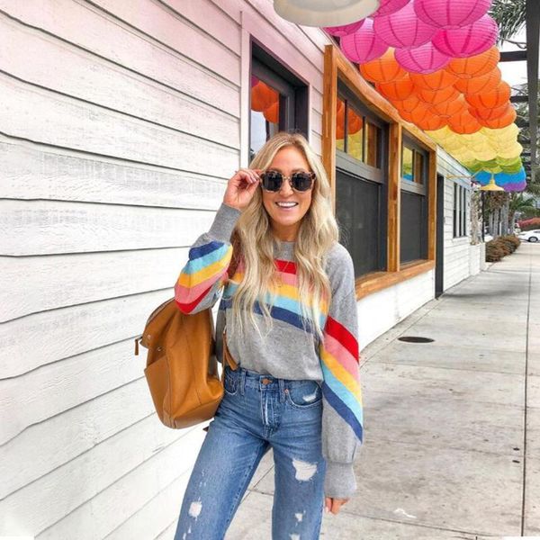 

round neck ladies sweatshirt pullover long sleeve fashion casual rainbow printed women sweater pullover streetwear d301, White;black