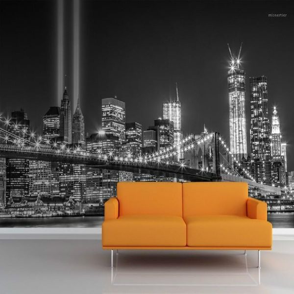 Tapeten Großhandel - Wandbild Graustufen NY Trade Center Lichter Wand Po Tapete 3D Berühmte Stadtgebäude Hintergrund1