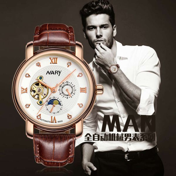 

men's nary / nery mechanical watch five pin diamond cut-out tourbillon sun moon star real belt watch, Slivery;brown