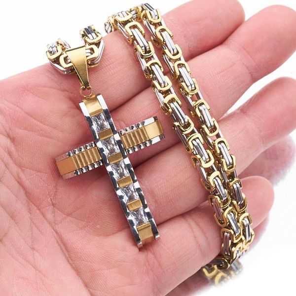 

pendant necklaces 4mm byzantine men chains stainless steel chain necklace hip hop jewelry cross gold silver color masculino