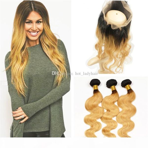 

#1b 27 ombre body wave hair with 360 lace frontal ear to ear closure with bundles dark roots honey blonde ombre 360 frontals, Black