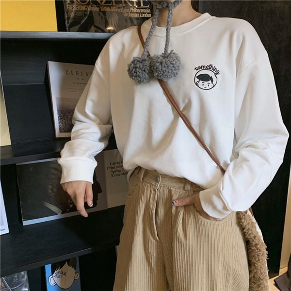 

6535 cotton autumn 2020 new korean style cute embroidered round neck loose long sweater sleeve sweater women's women's wear t3jz4, Black