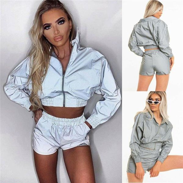

fashion women casual reflective light jacket clubwear long sleeves zipper short jacket coat streetwear1, Black;brown